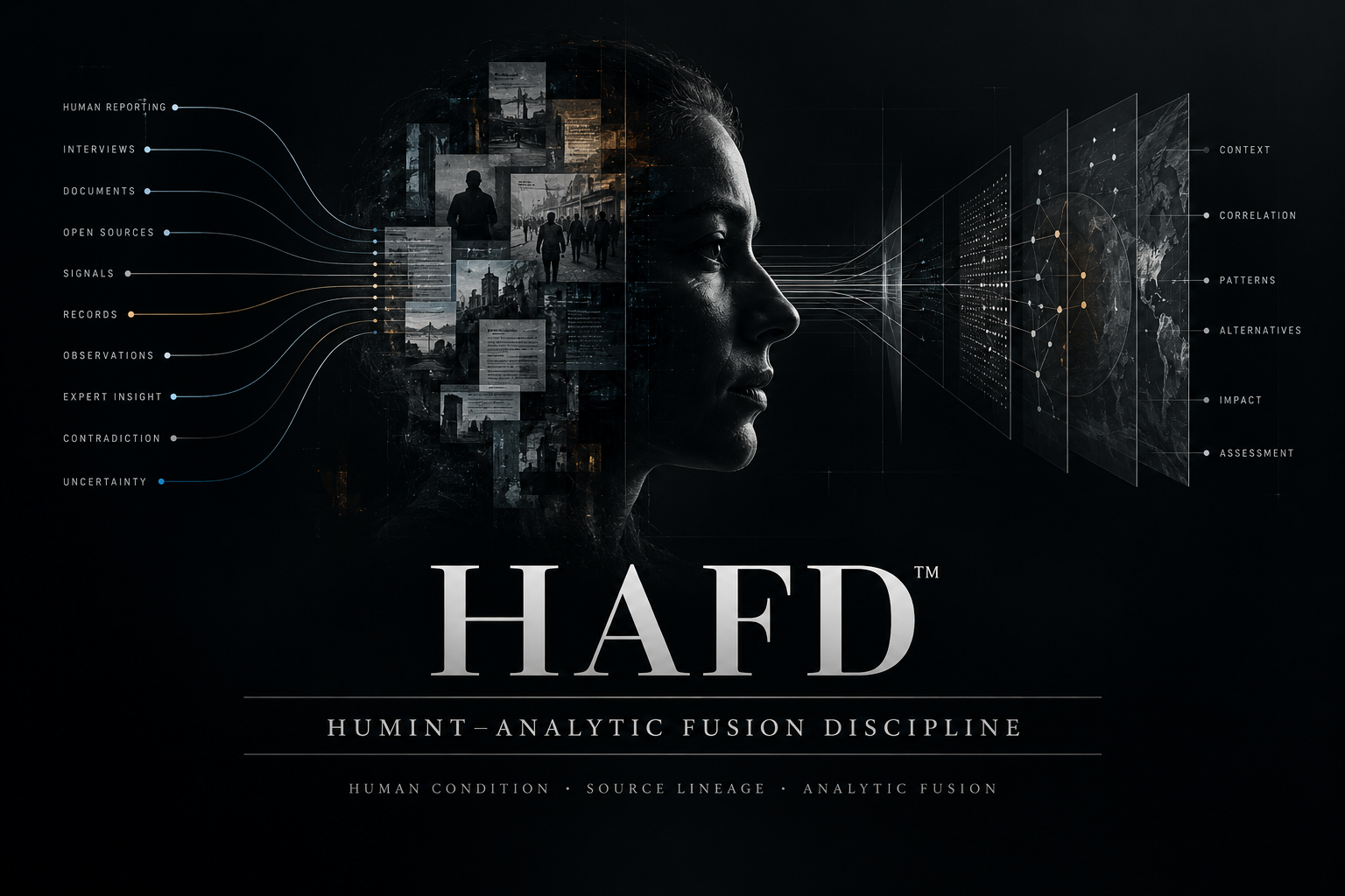 HUMINT-ANALYTIC Fusion Discipline™ (HAFD™) visual plate showing human reporting, records, signals, context, patterns, alternatives, impact, and assessment.