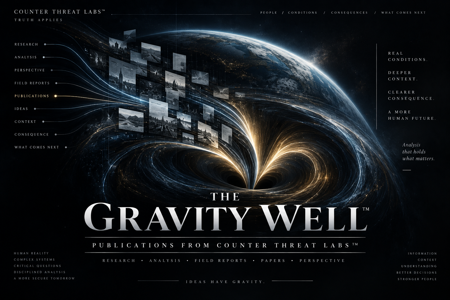 THE GRAVITY WELL publication environment visual plate concentrating research, analysis, field reports, papers, context, and consequence.